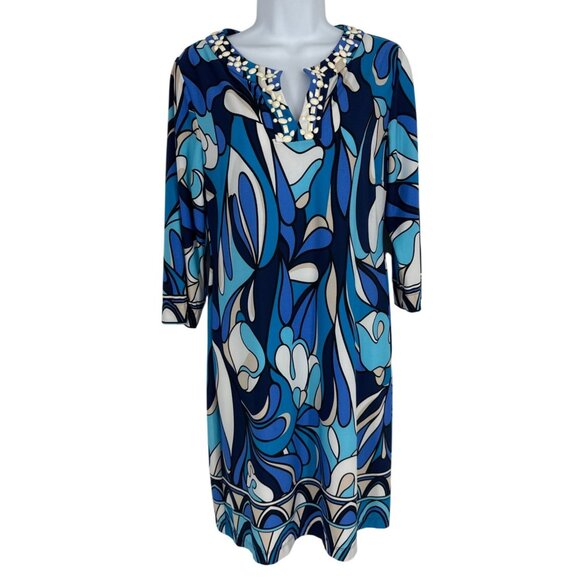 Chicos 3/4 Sleeve Blue Abstract Print Tunic Dress W/ Beaded Neckline Size 0 US S - Picture 1 of 9